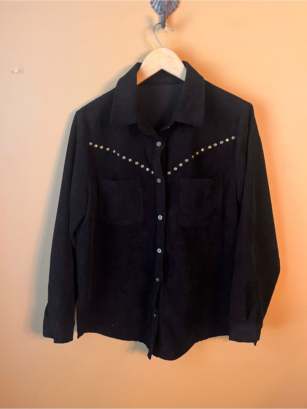 Amazon Black Corduroy Button-Down Shirt with Gold Stud Accents - Picture 4 of 7